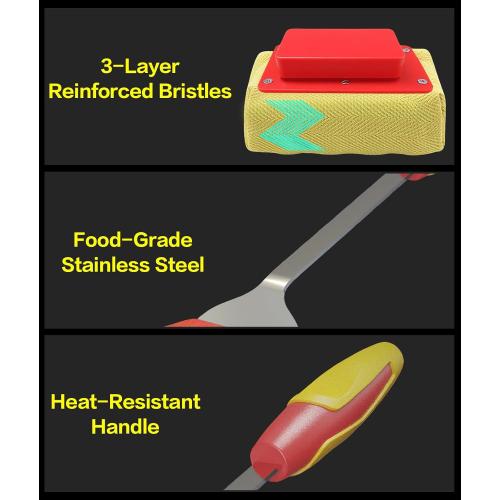 Grill Brush for BBQ, Heavy Duty Stainless Steel Grill Cleaner with 8 Wooden Handle & Scraper, Heat-Resistant Bristles for Gas, Charcoal Grills, Griddles, Oven, Camping Accessories (Red)