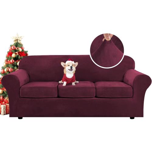 H.VERSAILTEX Modern Velvet Plush 4 Piece High Stretch Sofa Slipcover Sofa Cover Furniture Protector Form Fit Luxury Thick Velvet Sofa Cover for 3 Cushion Couch Width Up to 90 Inch(Sofa,Burgundy)