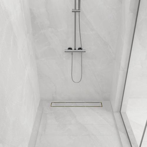 24-Inch Linear Shower Drain with Tile Insert Grate, SUS 304 Stainless Steel Linear Drain, Brushed Gold Long Rectangle Shower Floor Drain with Leveling Feet, Hair Strainer, Fits Bathroom