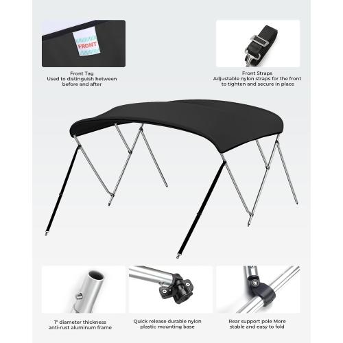 KEMIMOTO Bimini Top for Boat, Bimini Tops Cover 600D Marine Grade Canvas Boat Canopy with 6ft Length 54 in - 96 in Width 46 in Height, Includes Mounting Hardware, Straps Rear Support Poles