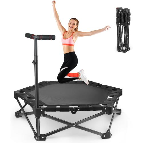 Foldable Mini Trampoline — One-Step Fold & Open, 42 Rebounder Trampoline for Adults & Kids, 450lbs Max Load, Adjustable T-Bar, Indoor & Outdoor Workout