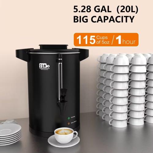 115-Cup 20L Commercial Coffee Urn, Festa Essential 1500W Double Wall Large Percolate Coffee Maker Stainless Steel Hot Water Urn Dispenser with Double Dripless Faucet, Quick-Brewing for Catering, Black