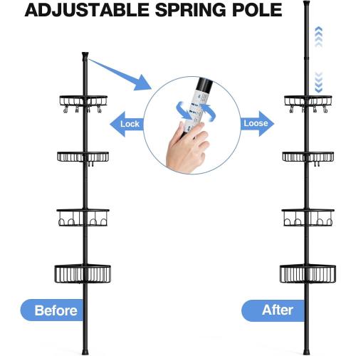 Corner Shower Caddy Tension Pole: Stainless Steel Rustproof 4-Tier Shower Organizer - 47-121 inch Adjustable Bathroom Shelves for Bathtub Shampoo Storage - Tension Rod Floor Standing Bath Rack - Black