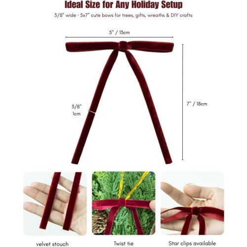 Velvet Christmas Tree Bows – 24 Pcs Holiday Bows (3/8 Wide, 5x7) with Star Clips – Easy Hanging for Tree, Wreath, Gifts & Décor (Burgundy)