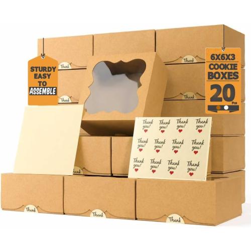 20 Pack Cookie Boxes for Gift Giving – 6X6X3 Inches Bakery Boxes with Window - Extra Thick Small Cookie Containers for Treats, Desserts, Strawberries, Cupcakes, Candy, Charcuterie, Baked Goods, Pastry