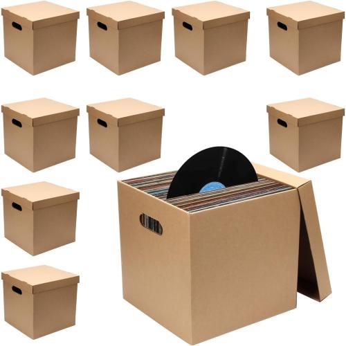 10 Pcs Cardboard Vinyl Record Storage Box Vinyl ​Record Crate | Stackable Moving Box with Handles and Lids, Sturdy Cardboard Crate for Storing Vinyl Album Document File Folder Organizer