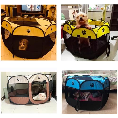 Foldable Pet Playpen, Portable Octagon Puppy Playpen Indoor/Outdoor, Exercise Kennel Dog/Cat/Rabbit Tent   Free Carrying Case   Travel Bowl (Blue Black, L)