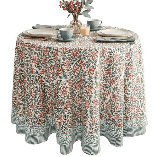 ATOSII Cotton Blockprint Round Tablecloth, Kalina, 90 Inches