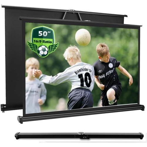 Tecdigbo 50 Inch Projector Screen Pull Down, 16:9 Projector Screen Retractable Tabletop Screen Tripod Stand for Home Theater Meeting Room, School Indoor Outdoor Ceiling Wall Mount Upgrade