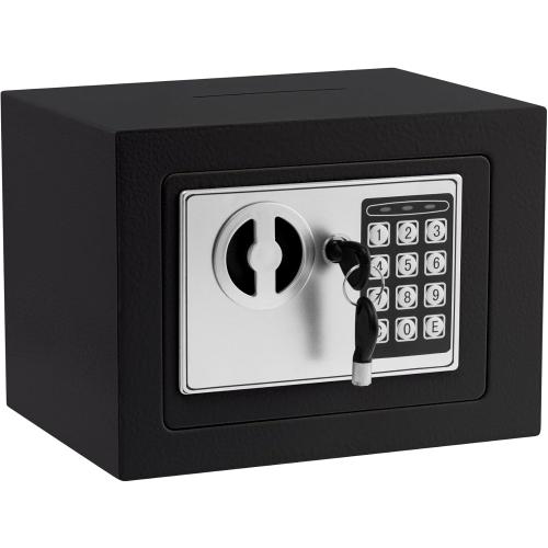 Small Electronic Safe Box With Digital Keypad & Keys - 9.05 x 6.7 x 6.7 Inches Wall Safe 0.23Cuft Mini Security Box for Coin Home Office Hotel Rooms Business Jewelry Gun (Black)