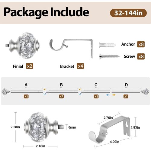 7/8 inch Curtain Rods for Windows 66 to 120 Inch, USFOOK Telescoping Splicing Drapery Rods, Decoration for Home with Silver Decorative Translucent Finials