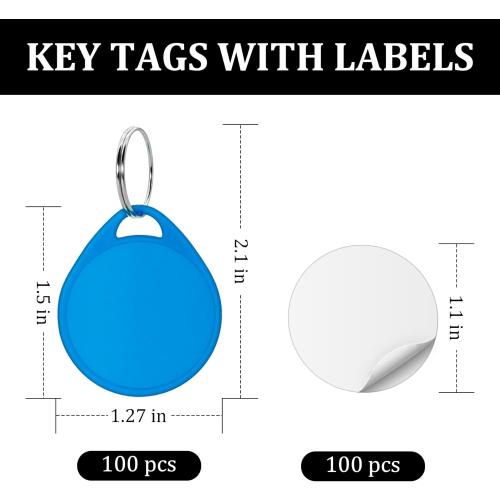 100 Pcs Rack Key Tags with Label 1.5 Inch Reusable Round Plastic Tags with Blank Paper Stickers and Split Rings, Item Identifiers for Home,Office and Rental Management Use (Blue)