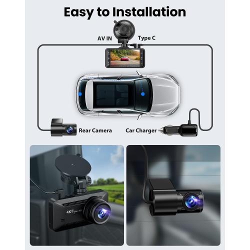 Dash Cam Front and Rear 4K/1080P, Dash Camera for Cars Build in WiFi, Full HD Dash Cam with APP Control, 3.94'' IPS Screen Dash Camera with 32GB SD Card, G-Sensor, 24Hr Parking Mote, Loop Recording
