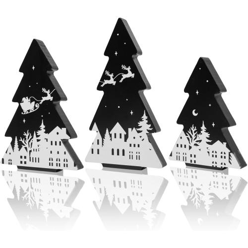 3 Pieces Christmas Tree Wooden Signs Black White Xmas Tiered Tray Decor for Christmas Home Tabletop Party Decor (Black)