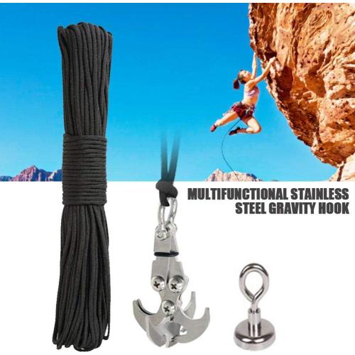 Grappling Hook, Multi-Functional Stainless Steel Gravity Hook with Military Grade Paracord Rope, Folding Survival Climbing Claw Carabiner for Outdoor Activities EDC Tool