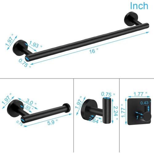 Black 16in TocTen 5 PCS Bathroom Hardware Set SUS304 Stainless Steel-Towel Rack Set Include Lengthen Hand Towel Bar Toilet Paper Holder 3 Robe Towel Hooks Bathroom Accessories Towel Bar Set(Matte Black,16IN)