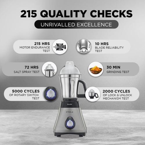 Preethi Steele Mixer Grinder with Turbo Vent and Improved Couplers