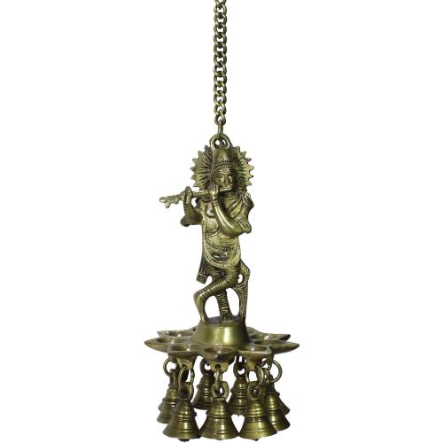 eCraftIndia 'Lord Krishna Playing Flute' Wall Hanging with 9 Oil Wick Diya (Brass, 12 cm x 23 cm, Brown, BGKDB101)
