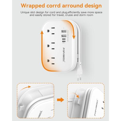 European Plug Adapter,EU/UK/US Travel Power Strip with 3 Outlets & 4 USB Ports(3.4A), International Power Adapter with 3 FT Extension Cord Compact for US to EU UK Germany Italy France Cruise