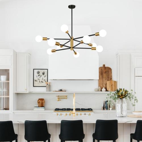 32 Modern Chandelier Ceiling Light Fixture, 10-Light Sputnik Chandeliers Brushed Gold and Black Dining Room Light Fixture, Height Adjustable Chandeliers for Dining Room Living (Bulbs Not Included)