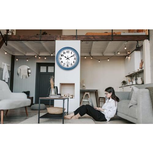JENLYSTIME 12 Inch Indoor/Outdoor Retro Waterproof Wall Clock with Thermometer Silent Round Quartz Battery Operated Easy to Read Decorative for Kitchen Patio,Bathroom,Deck,Porch,Pool(Blue)
