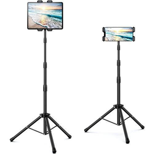 Raking Tablet Floor Stand, Height Adjustable Cellphone Floor Stand with 360°Rotating Tripod Mount, Compatible with iPhone iPad Mini/Air/Pro and All 5.5-12.9 Inch Devices