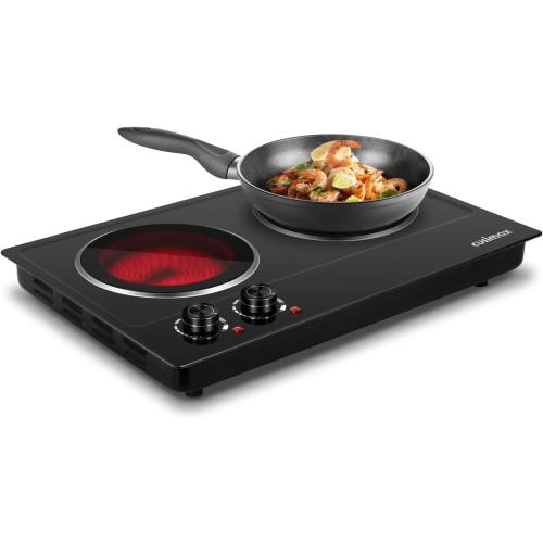 CUSIMAX Double Burner, 1800W Ceramic Electric Hot Plate for Cooking, Dual Control Infrared Cooktop, Portable Countertop Burner, Glass Plate Electric Cooktop, Stainless Steel Black