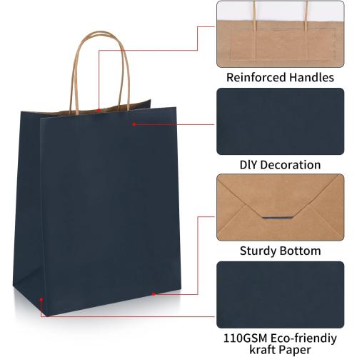 Joybe 50 Pack 8x4.75x10 Inch Medium Navy Blue Kraft Paper Bags with Handles Bulk, Craft Paper Gift Bags for Party Favors Grocery Retail Shopping Business Goody Merchandise Take Out Blank Sacks (50pcs)