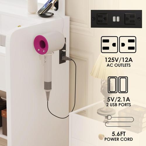 Makeup Vanity Desk Set with LED Lighted Mirror Glass Top Dressing Table & Stool, 5 Storage Drawers, Power Outlet, Hair Rack Stepless Dimmable Lights (3 Color Modes), White (the mirror is broken; see the picture) (NO TEST)