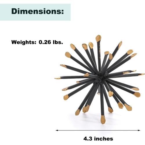 Black & Gold Sphere Decor, Metal Starburst Table Shelf Decor, Geometric Decorative Objects for Shelves, 3D Spike Decor Sculpture Home Decor Accents, 4.3”