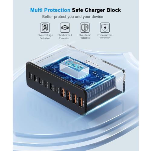 USB C Charging Station 10 Port with 4 USB Cables, 200W GaN Type C Charger Block, Wall Charger Power Strip Adapter Plug for iPad iPhone17 16 15 14 13 12 Pro Max Pixel Note Galaxy