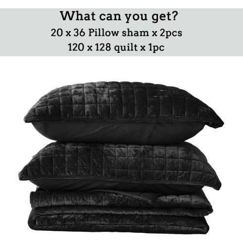 Quilt Set Oversized King Size 120x128 Luxurious Velvet Bedding Sets with Pillow Shams Ultra Soft Quilted Bedspread Coverlet Comforter for All Season,Black