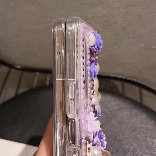 for Samsung Galaxy Z Fold 6 Case,Cute Bling Glitter Sparkle Stunning Stones Diamond Rhinestone 3D Handmade Pearl Rose Flower with Wrist Lanyard Women Girly for Galaxy Z Fold 6 (Purple)