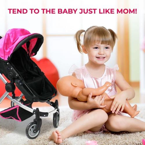 Mommy & Me Babyboo Doll Pram Foldable Doll Stroller with Basket, Convertible Seat, Adjustable Handle, Swiveling Wheels, and Free Carriage Bag (Multi Function) - Hot Pink