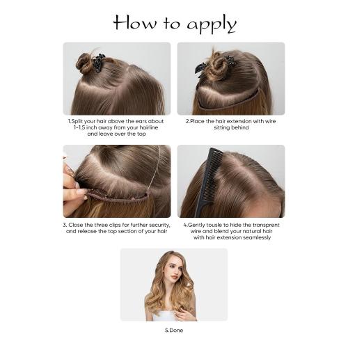 SARLA Invisible Wire Hair Extensions with 3 Clips Long Wavy Curly Synthetic Hairpiece for Women Adjustable Transparent Headband 16 Inch Coffee Brown