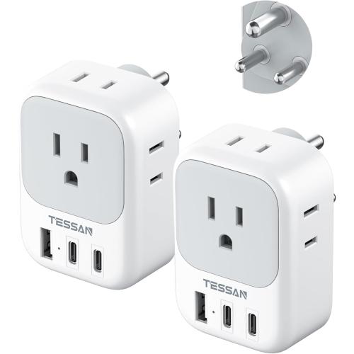 Set of 2 US to India Plug Adapter 2 Pack, TESSAN Type D Travel Adapter with 4 Outlets 3 USB (2 USB-C), Power Adaptor for US to India Nepal Maldives Pakistan Bangladesh Sri Lanka Bhutan Yemen