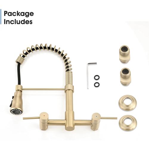 Wall Mount Kitchen Faucet, 8 Inch Center Commercial Sink Faucet with Pull Down Sprayer, 2 Handle Wall Mount Faucet for Kitchen Sink, Brushed Golden
