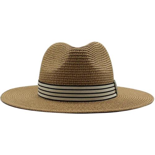 Sun Hats For Women Men Panama Wide Brim Straw Fedora Hat With Striped Band Foldable Summer Sun-Shading Floppy Hat
