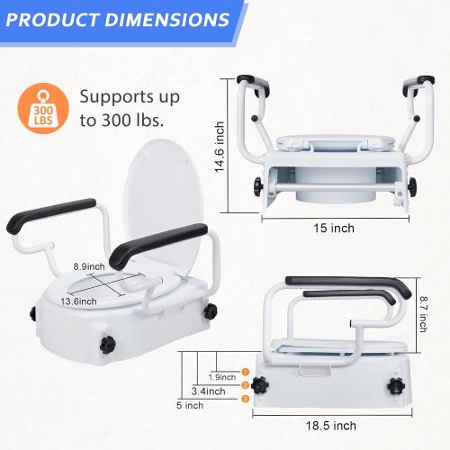 Raised Toilet Seat with Handles, 3 Heights (2/3.5/5 inch) Adjustable, Toilet Seat Riser for Seniors After Hip/Knee Surgery, 300lbs, Fits Round Toilet, with Lid, White | Adjustable Height
