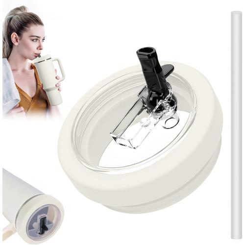 Tcamp 40 oz Flip Straw Leak Proof Lid for Stanley Quencher H2.0, Silicone Tumbler Replacement Lid for Stanley Cup Accessories, Spill Proof Straw Cover for Tumbler Accessories(Cream White)