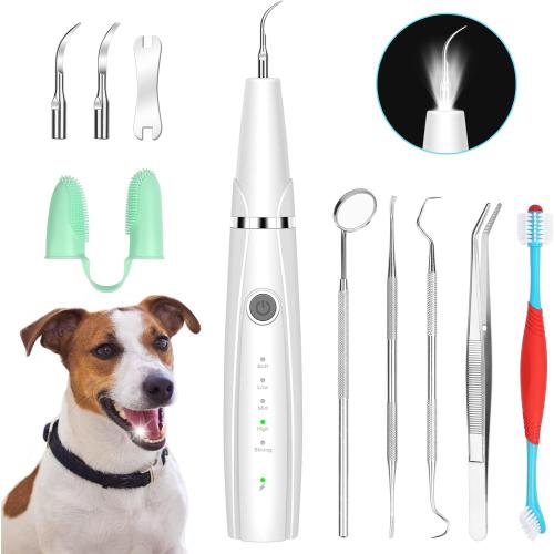 Dog Teeth Cleaning Kit, 5 Modes Plaque and Tartar Remover for Pet Teeth Care, 10 in 1 Cleaner Toothbrush to Remove Stains Calculus (White)