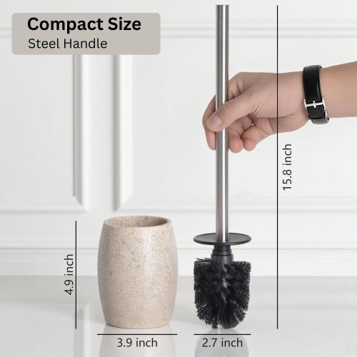 Toilet Bowl Brush and Holder with Stainless Steel Long Handle, Toilet Scrubber Brush with Durable Base, 360° Deep Cleaning Bristles for Bathroom, Compact Set for Small Space (Beige)
