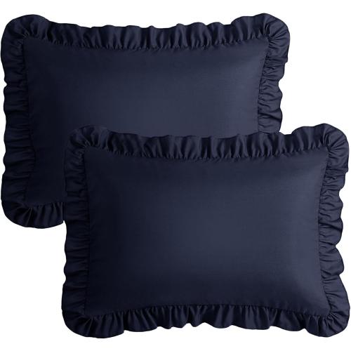 KKJIAF Ruffle Pillow Cases Queen Size Set of 2, Ruffled Pillow Covers with Envelope Closure, Wrinkle Resistant Ruffled Pillow Shams 20 x 30, Navy Blue