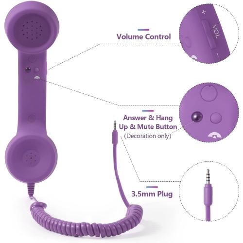 Telephone Handset for Cellphone, Retro Phone Handset with 3.5mm Jack Mobile Phone Receiver Old Telephone Headset Handheld Receiver for Cell Phone(Purple)