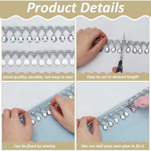 FINGERINSPIRE 10 Yard Hanging Beads Fringe Lace 1.5 inch Wide Polyester Sewing Fringe Tassel Trim Silver Trim with Crystal Pendant for Sewing Cafts Wedding Party Decoration