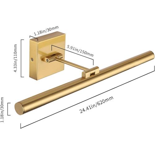 LED Picture Light Fixtures 24.4 Inches, Full Metal Artwork Wall Lamp with Single Swing Arm, 14W (70W Eqv.), Hardwired Connection, Dimmable, 3000K Warm White, CRI95 , Golden-Like Brass Finish