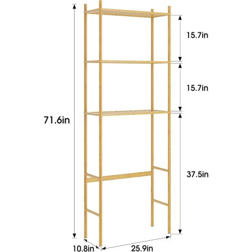 3 Tier Over The Toilet Organizer Rack Bamboo, Freestanding Bathroom Toilet Storage Shelf, Space Saving and Easy to Install, Adjustable Feet, Adjustable Bottom Rod