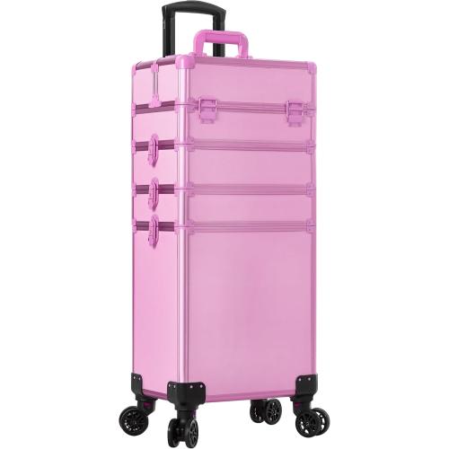 Rolling Makeup Train Case Large Storage Cosmetic Trolley 5 in 1 Large Capacity Trolley Makeup Travel Case with Key Swivel Wheels Salon Barber Case Traveling Cart Trunk, Pink