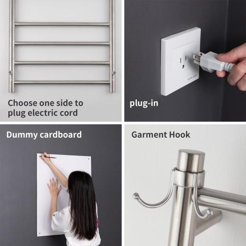 Wall Mounted Towel Warmer 8 Bars with Plug-in and Hardwired Options 3 Working Modes Brushed Stainless Steel 21” W 34” H