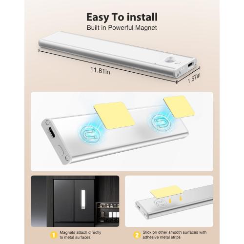 LED Under Cabinet Lighting, Battery Operated Motion Sensor Light Indoor Wireless, 3 Color Temps, USB Rechargeable Closet Light, Dimmable Under Counter Lights for Kitchen Stairs Closet Pantry, 2 Pack